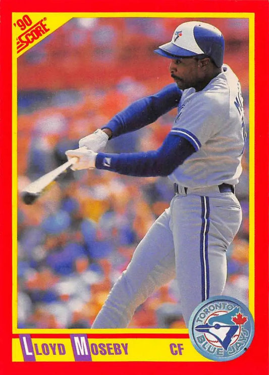 Lloyd Moseby swinging bat on 1990 Score baseball card for Blue Jays