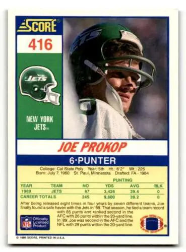 Joe Prokop 1990 Score #416 New York Jets Football Card with original gloss