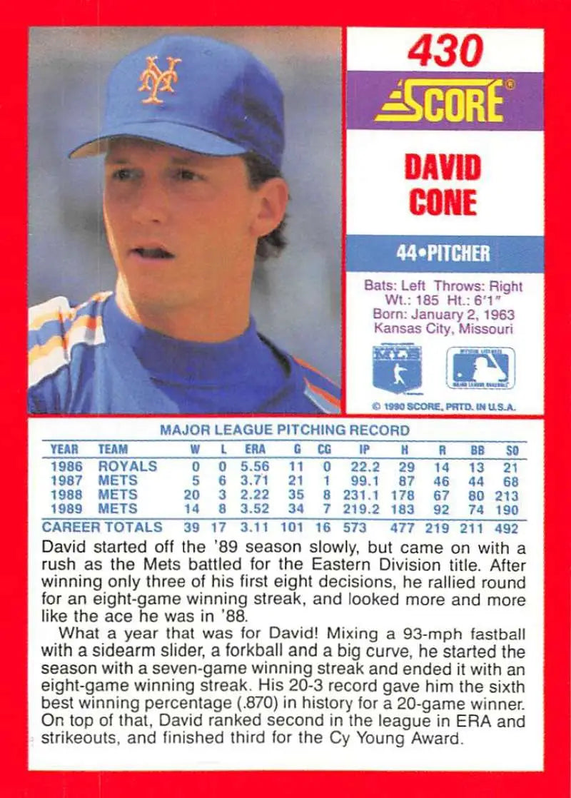 Vintage 1991 Score Baseball Card of David Cone, New York Mets Pitcher in Blue Cap
