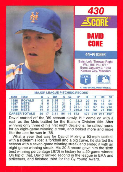 Vintage 1991 Score Baseball Card of David Cone, New York Mets Pitcher in Blue Cap