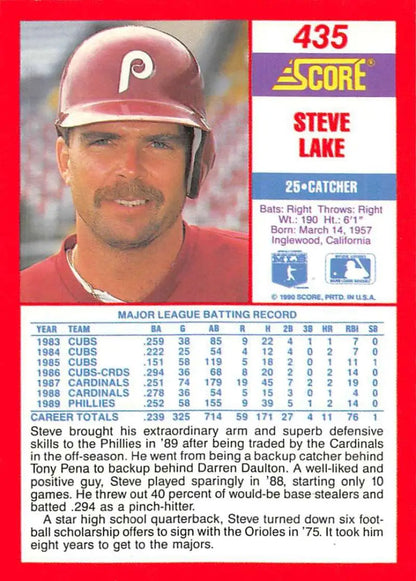1991 Score Baseball Card of Steve Lake, Philadelphia Phillies Catcher in Burgundy Cap