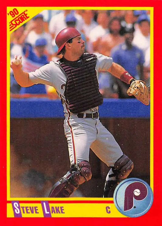 Steve Lake in Philadelphia Phillies uniform throwing, featured on 1990 Score Baseball Card