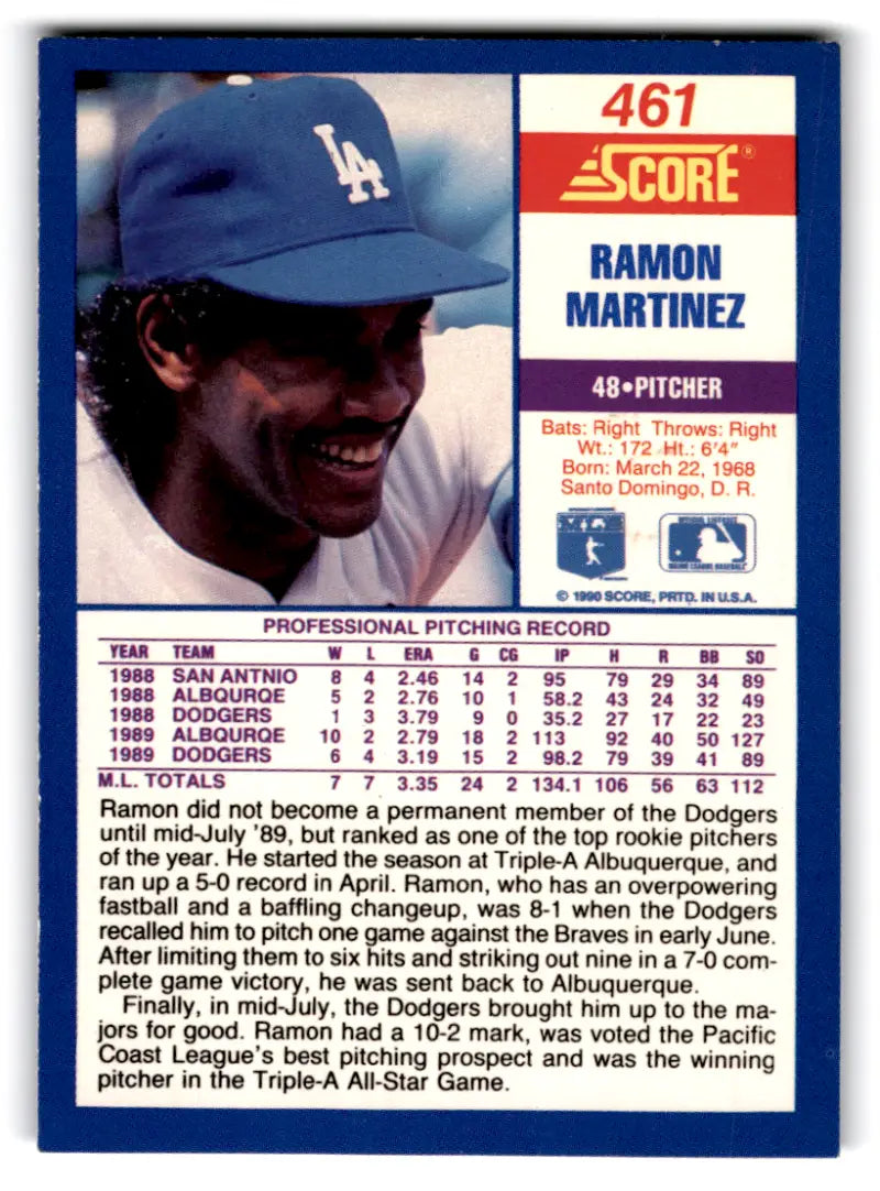 1990 Score #461 Ramon Martinez NM-MT Dodgers ID:70079 - Trading Cards