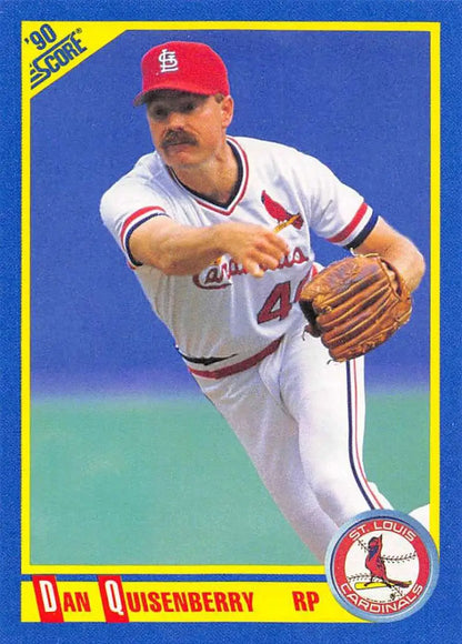 1990 Score Dan Quisenberry baseball card of St. Louis Cardinals pitcher mid-delivery