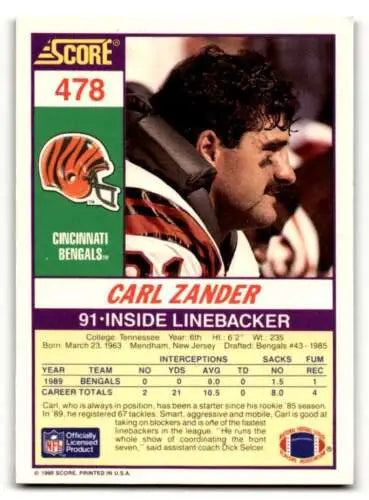 Carl Zander Cincinnati Bengals football card featuring original gloss from 1990 Score