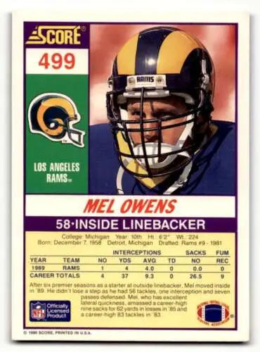 Mel Owens Los Angeles Rams Football Card 1990 Score #499 Original Gloss EX/NM
