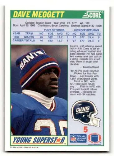 Dave Meggett 1990 Score #5 New York Giants Football Card with original gloss finish
