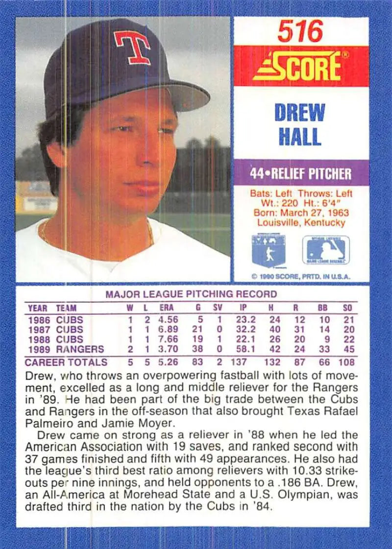 1989 Score baseball card of Drew Hall, Texas Rangers pitcher in team cap