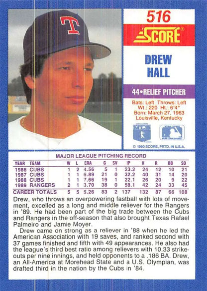 1989 Score baseball card of Drew Hall, Texas Rangers pitcher in team cap