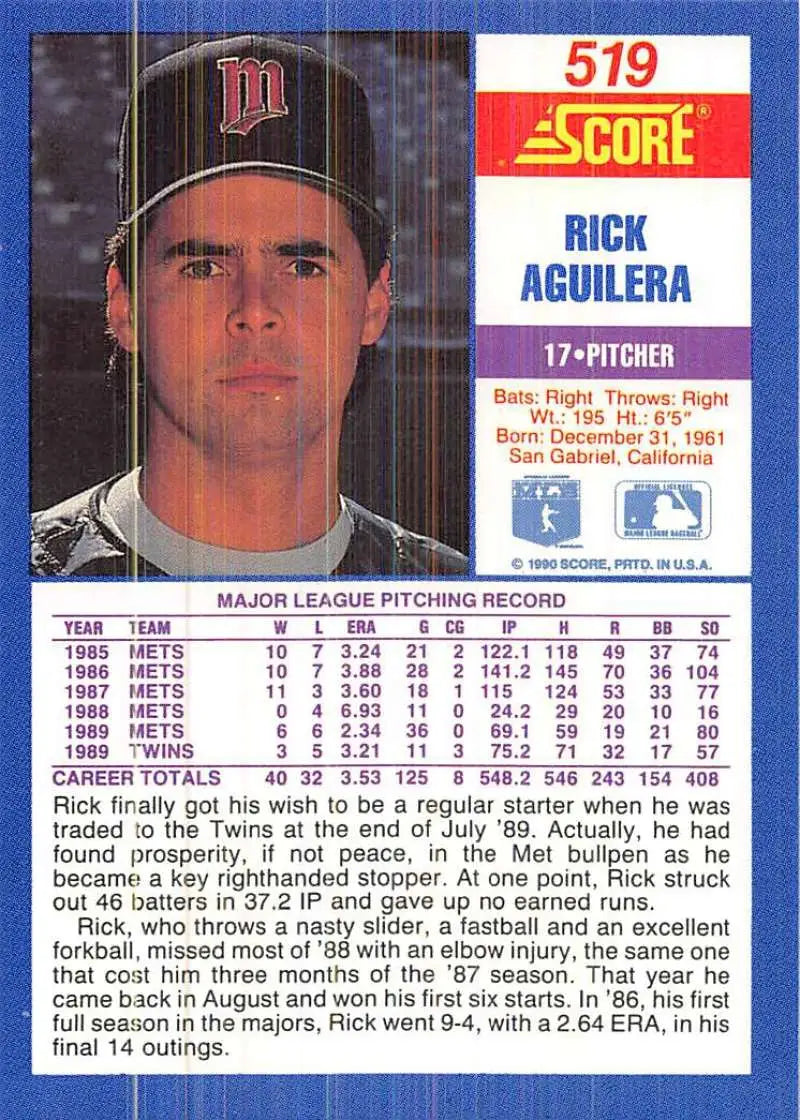 1991 Score baseball card of Rick Aguilera, Minnesota Twins pitcher in NM-MT condition
