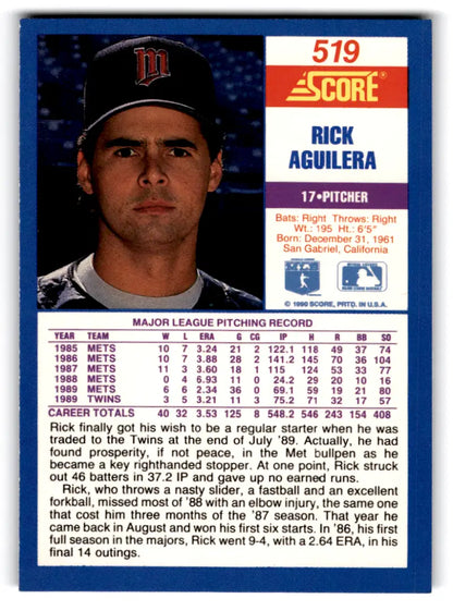 1990 Score #519 Rick Aguilera NM-MT Twins ID:70042 - Trading Cards