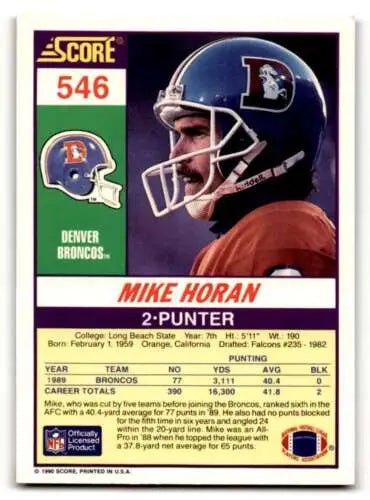 Mike Horan Denver Broncos football card with original gloss from 1990 Score #546