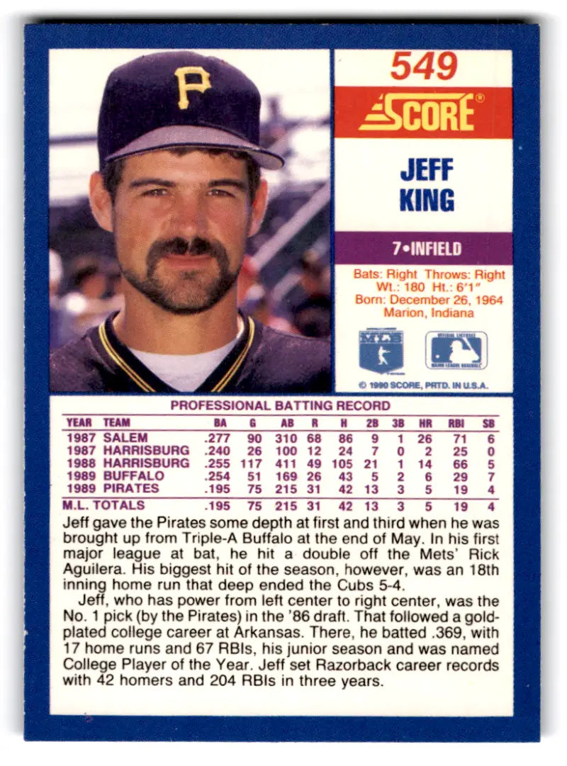 1990 Score #549 Jeff King NM-MT Pirates ID:70067 - Trading Cards