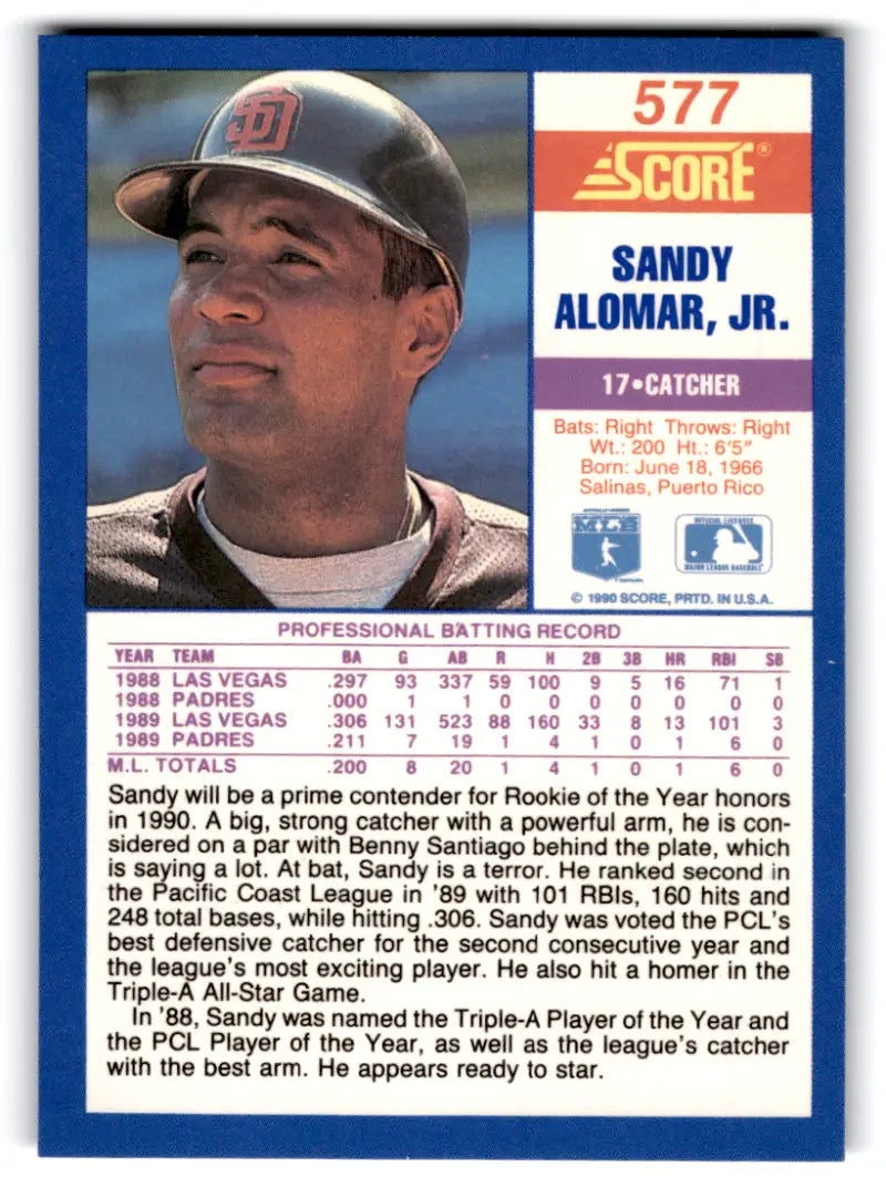 1990 Score #577 Sandy Alomar Jr. NM-MT Padres ID:70066 - Trading Cards