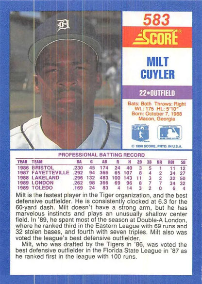 Milt Cuyler Detroit Tigers Baseball Card from Score, showcasing an outfielder in uniform