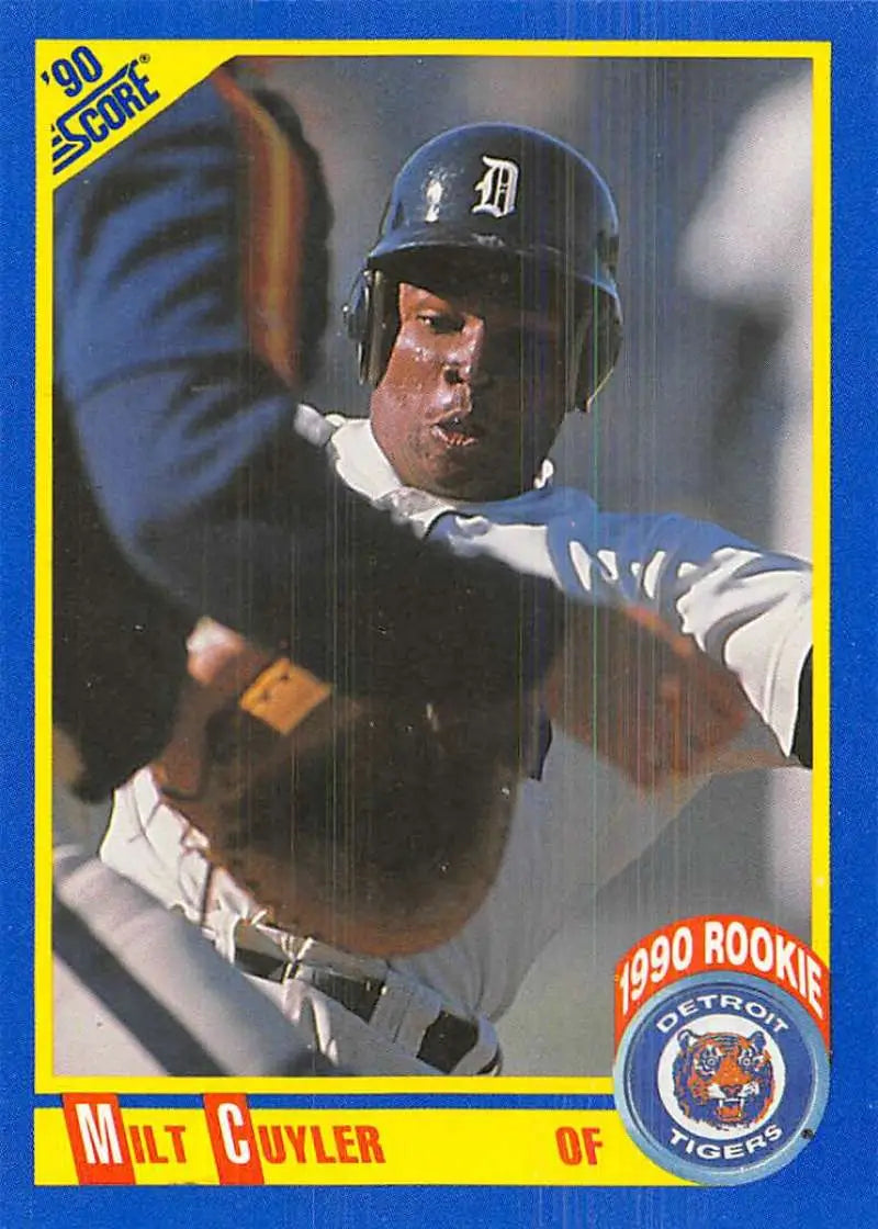 1990 Score Milt Cuyler Rookie Baseball Card featuring Detroit Tigers outfielder in stance