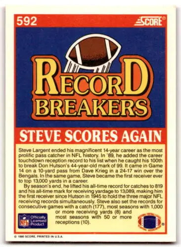 Football trading card back of 1990 Score #592 Steve Largent with original gloss
