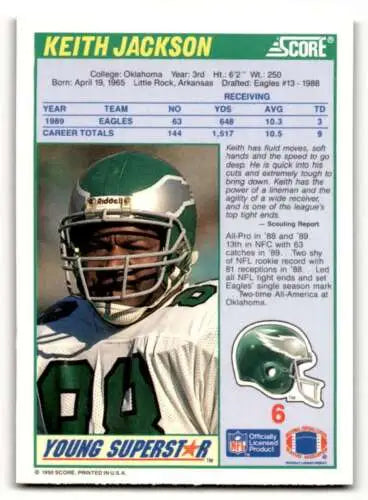 1990 Score #6 Keith Jackson Philadelphia Eagles Football Card with original gloss finish