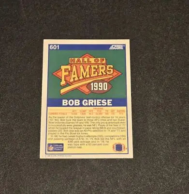 1990 Score Bob Griese Football Card featuring Miami Dolphins Hall of Famer