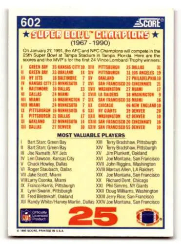 1990 Score #602 Super Bowl Wrap Football Trading Card New York Giants Buffalo Bills