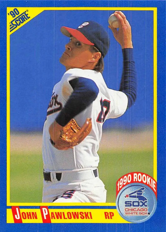 Baseball card of John Pawlowski in mid-throw for the White Sox wearing navy uniform