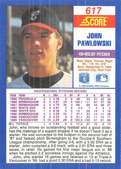 Baseball card of John Pawlowski, 1988 Vancouver relief pitcher for White Sox