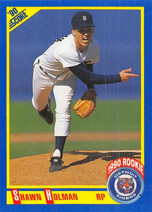 Baseball card of Shawn Holman pitching in a white uniform for Detroit Tigers