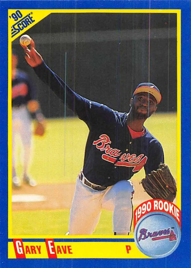 Baseball card of Gary Eave, Atlanta Braves pitcher in navy uniform throwing