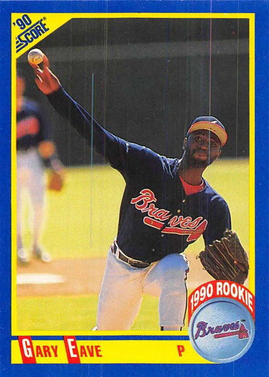 Baseball card of Gary Eave, Atlanta Braves pitcher in navy uniform throwing