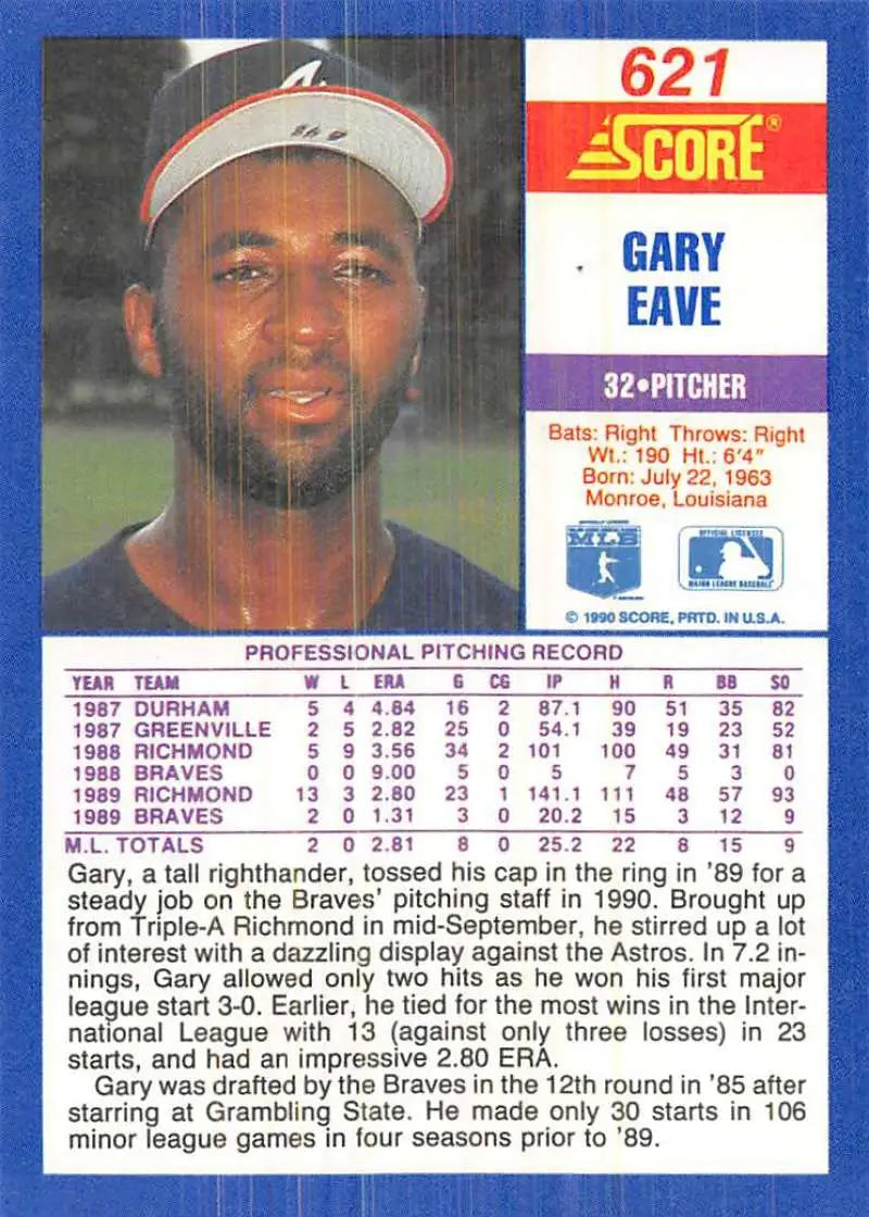 1989 Score baseball card featuring Gary Eave, Montreal Expos pitcher, Atlanta Braves