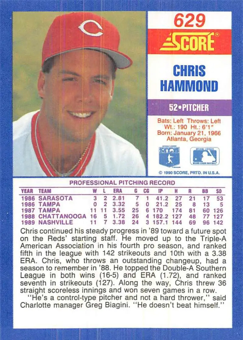 Vintage Cincinnati Reds baseball card featuring Chris Hammond in red team cap