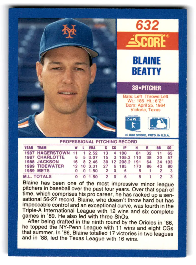 1990 Score #632 Blaine Beatty NM-MT RC Rookie Mets ID:70076 - Trading Cards