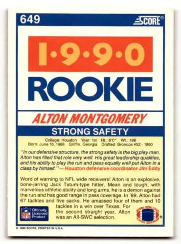 Alton Montgomery Denver Broncos rookie card 1990 Score original gloss EX/NM quality