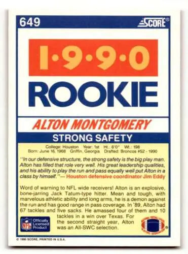 Alton Montgomery Denver Broncos rookie card 1990 Score original gloss condition