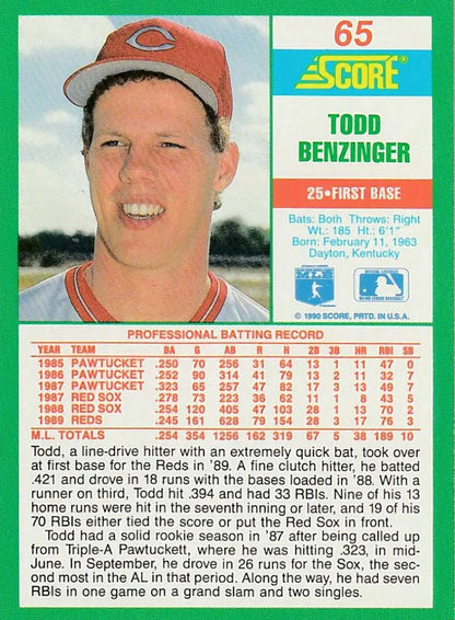 1990 Score #65 Todd Benzinger NM-MT Cincinnati Reds baseball card with red cap