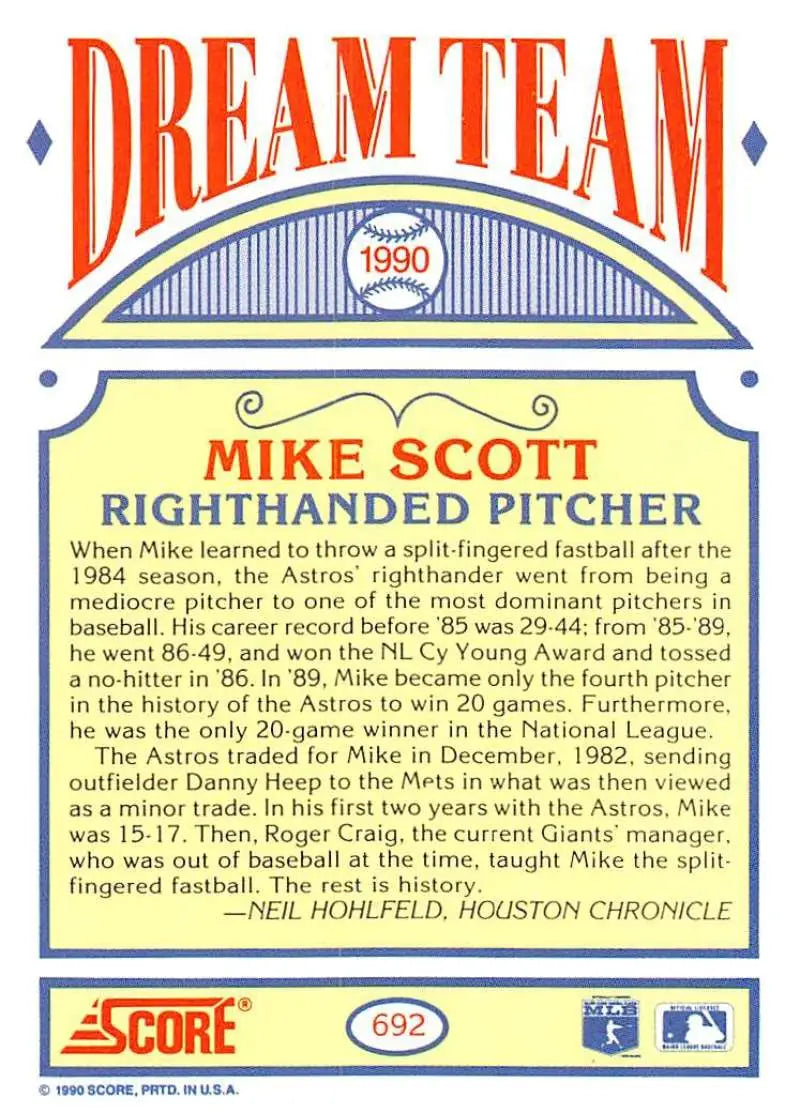 1990 Score Mike Scott baseball card featuring Houston Astros pitcher in Dream Team set
