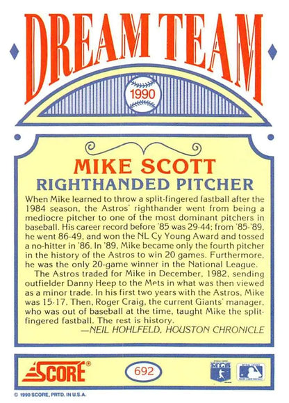 1990 Score Mike Scott baseball card featuring Houston Astros pitcher in Dream Team set