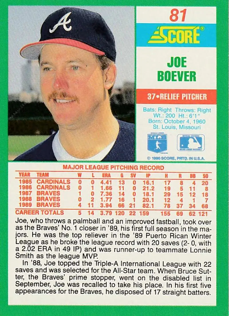1991 Score Joe Boever Atlanta Braves baseball card featuring pitcher in navy cap