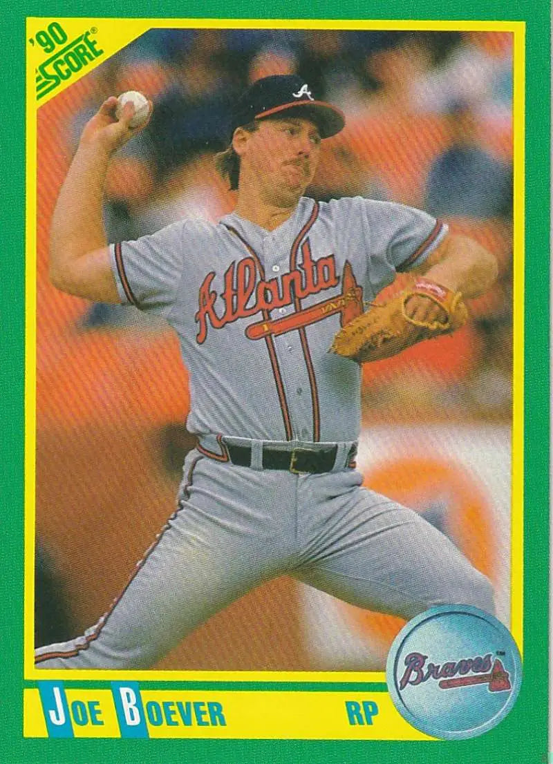 Atlanta Braves baseball card of Joe Boever pitching in gray road uniform