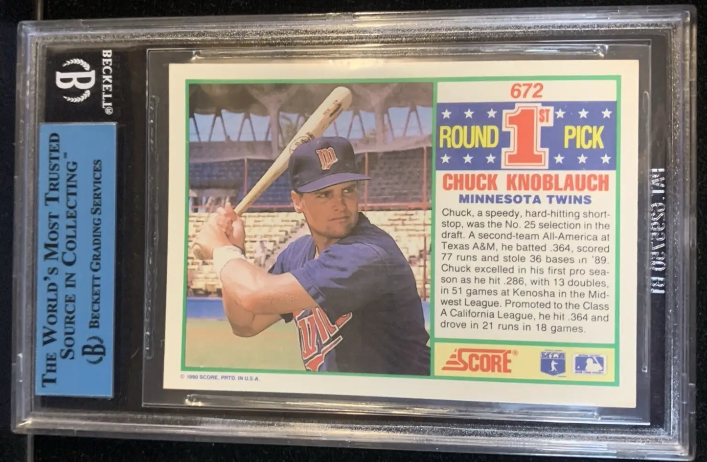 Graded Chuck Knoblauch baseball card from 1990 Score Chuck Knoblauch Autograph