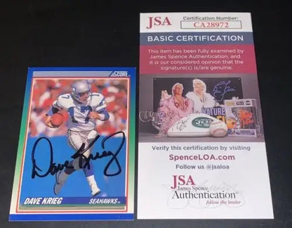 Autographed Dave Krieg 1990 Score Football card certified by JSA Seattle Seahawks QB