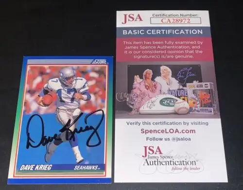 Autographed Dave Krieg 1990 Score Football card certified by JSA Seattle Seahawks QB