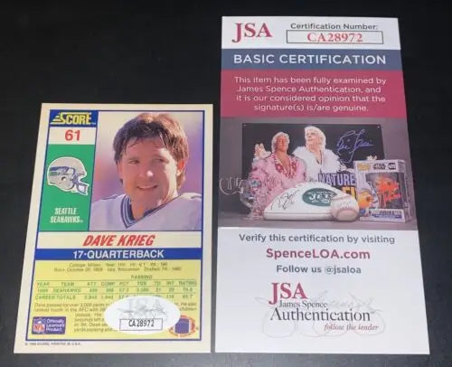 Dave Krieg autographed football card from 1990 Score Football, Seattle Seahawks QB