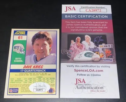 Dave Krieg autographed football card from 1990 Score Football, Seattle Seahawks QB