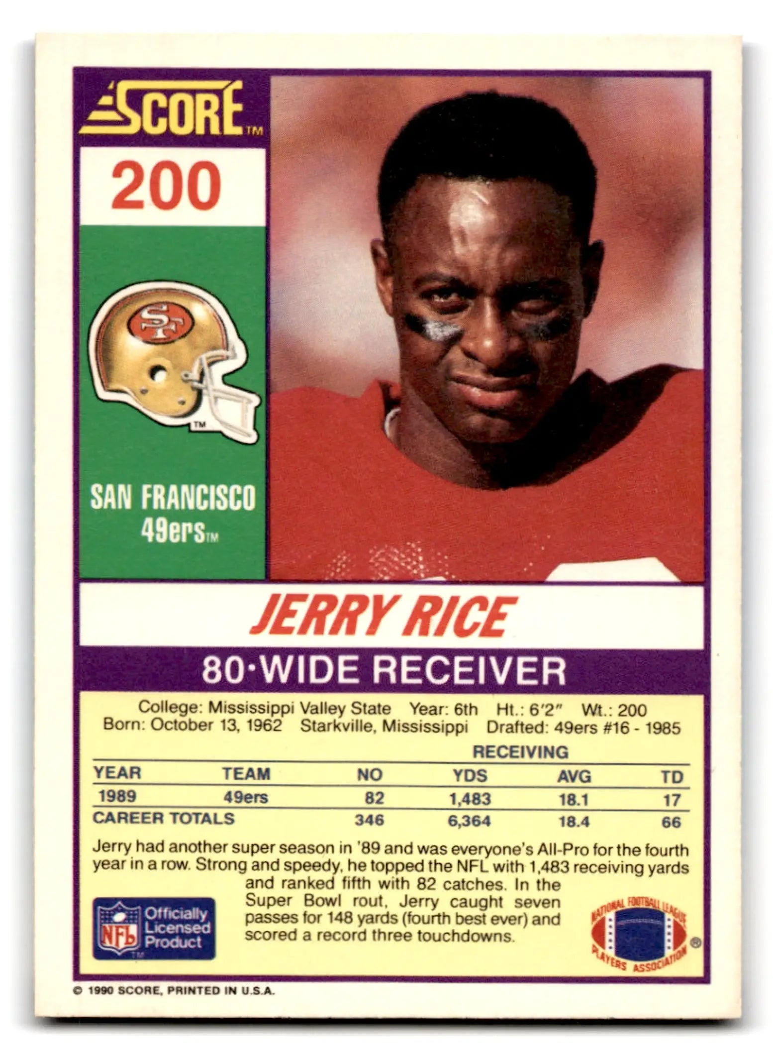 Back of a 1990 Score Football Jerry Rice card featuring San Francisco 49ers player