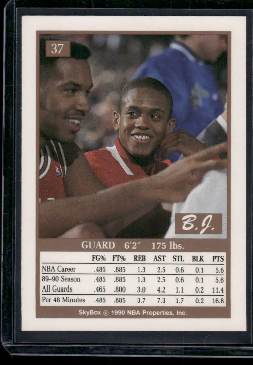 Vintage basketball card of B.J. Armstrong with career stats from 1990 SkyBox series
