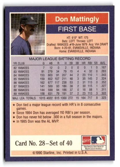 Don Mattingly baseball card from 1990 Starline Long John Silver set #28