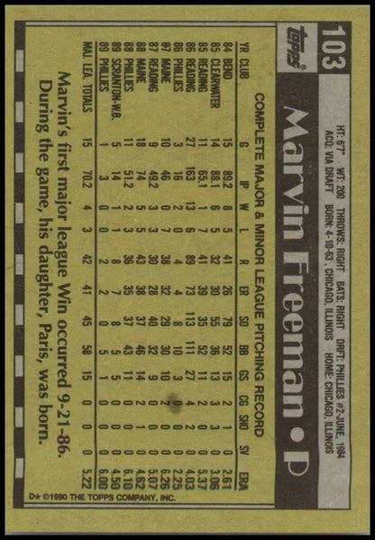 1990 Topps #103 Marvin Freeman Baseball Card featuring Philadelphia Phillies stats