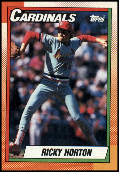 1991 Topps baseball card of Ricky Horton, St. Louis Cardinals pitcher in delivery