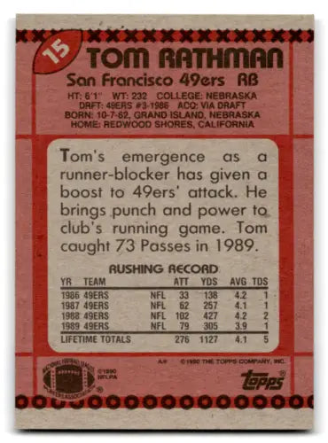 Tom Rathman football card 1990 Topps #15 original gloss mint 49ers collectible